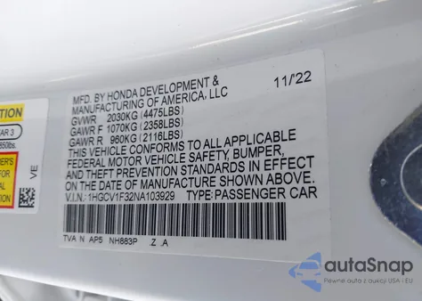 2022 Honda Accord Sport z USA, uszkodzony, nr VIN 1HGCV1F32NA103929